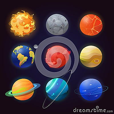 Set of isolated solar system planets and sun. Vector Illustration