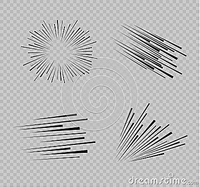 Set of isolated speed lines. The effect of movement to your design. Black lines on a transparent background.The flying Vector Illustration