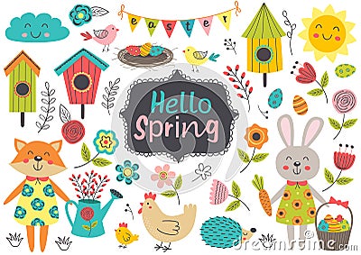 Set of isolated spring elements and characters Vector Illustration