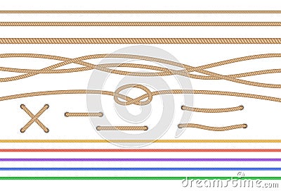 Set of isolated straight ropes and tied cross strings, realistic navy thread brown and colorful Vector Illustration