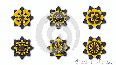 Set isolated stylized flowers in papercut style in black and yellow colors on dark background Stock Photo