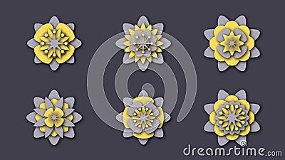 Set isolated stylized flowers in papercut style in gray and yellow colors on dark background Stock Photo