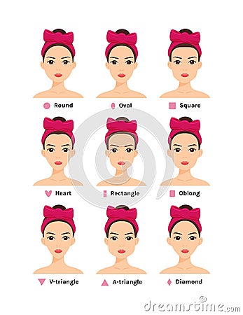 Set of isolated types of beautiful young woman face. Pretty brunette girl with pink bow on head. Cartoon color flat style. White Vector Illustration