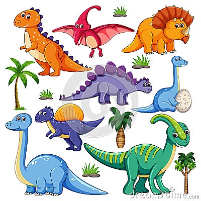 Set of isolated various dinosaurs cartoon character on white background Vector Illustration