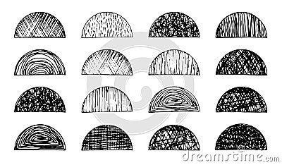 Set of isolated black brush textured semi circles Vector Illustration