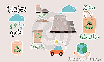 Set of isolated vector flat stickers. Recycling, conservation of the environment and nature, climate damage Stock Photo