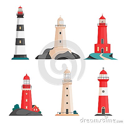 Set of isolated vector lighthouses on islands in flat style. Coastline landscape with beacon. Faros on seashore, lighthouse on the Vector Illustration