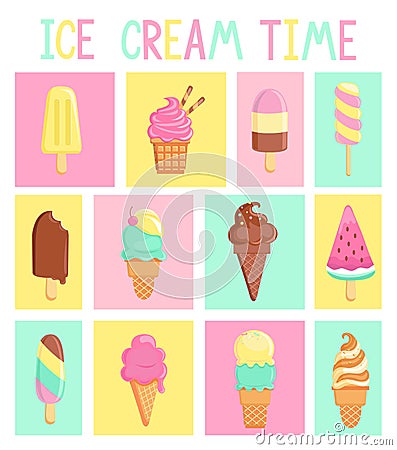 Set of isolated vintage cards with ice creams. Vector Illustration