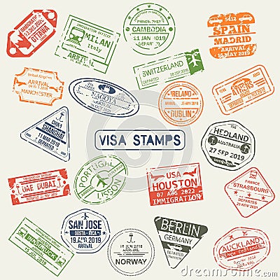 Set of isolated visa passport stamps Vector Illustration