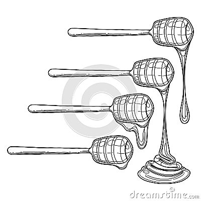 Set of isolated watercolor dippers with flowing honey. Vector Illustration