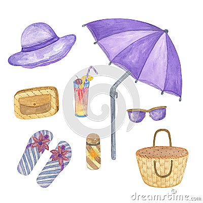 Set of isolated watercolor elements for vacation and beach holidays, parasol, hat, sun protective cream, purse, summer bag, sun Stock Photo