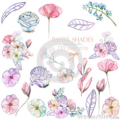 Set with isolated watercolor floral bouquets and elements: tender flowers and leaves in pastel shades Stock Photo