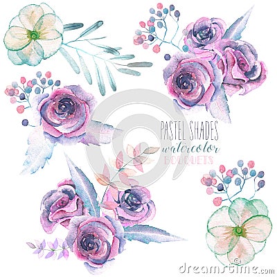 Set with isolated watercolor floral bouquets from purple roses and leaves Stock Photo