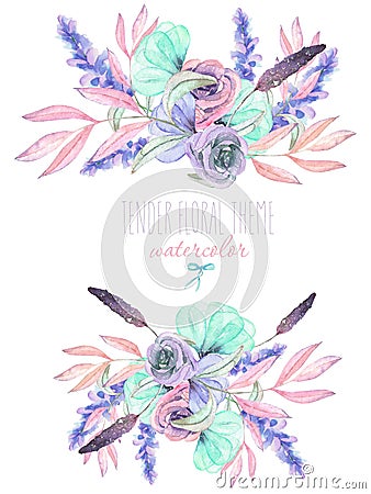 Set with isolated watercolor floral bouquets from tender flowers and leaves in pink Stock Photo