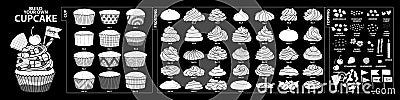 Set of isolated white silhouette cups, frosting and toppings for Vector Illustration