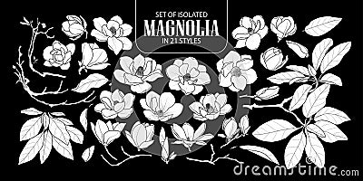 Set of isolated white silhouette magnolia in 21 styles. Cute hand drawn flower vector illustration in white plane and no outline. Vector Illustration