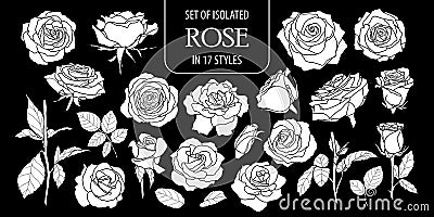 Set of isolated white silhouette rose in 17 styles .Cute hand drawn flower vector illustration in white plane and no outline. Vector Illustration