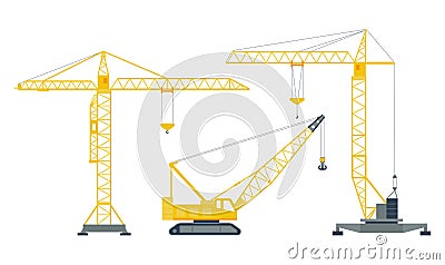 Set of isolated yellow hoisting cranes on white background. Collection of lifting cranes. Vector Illustration
