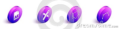 Set Isometric AE file document, Crossed ruler and pencil, Heart with Bezier curve and Bezier curve icon. Vector Vector Illustration