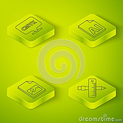 Set Isometric AI file document, Picture landscape, Crossed ruler and pencil and Speech bubble with text CMYK icon Vector Illustration