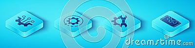 Set Isometric Algorithm, Gear and arrows as workflow, Setting on smartphone and Wrench spanner and gear icon. Vector. Vector Illustration