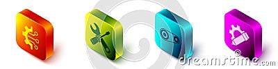 Set Isometric Algorithm, Screwdriver and wrench spanner, Timing belt kit and Pencil and gear icon. Vector Stock Photo