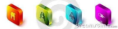 Set Isometric Astronomical observatory, Robot, Rocket ship and Comet falling down fast icon. Vector Vector Illustration