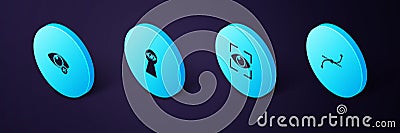 Set Isometric Bezier curve, Eye scan, Keyhole with eye and Invisible or hide icon. Vector Stock Photo