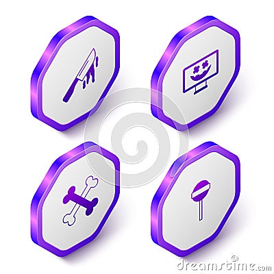 Set Isometric Bloody knife, Happy Halloween holiday, Crossed bones and Lollipop icon. Purple hexagon button. Vector Vector Illustration