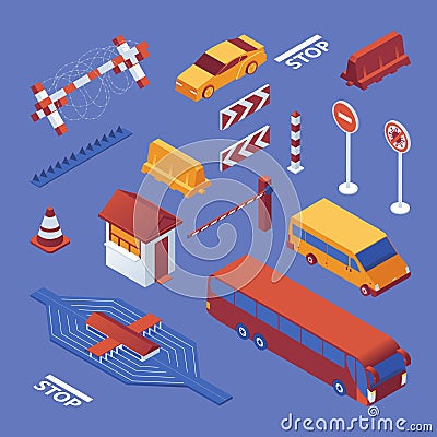Set isometric of border closure, cars and equipment, stop coronavirus sign on blue bckground. Vector concept collection Stock Photo