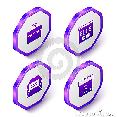 Set Isometric Briefcase, Monitor with dollar, Envelope and Calendar icon. Purple hexagon button. Vector Vector Illustration