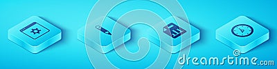 Set Isometric Browser setting, Pencil, Clock and Document with graph chart icon. Vector Stock Photo