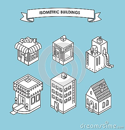 Set of Isometric Buildings. Black and white vector illustration Vector Illustration