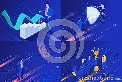 Set Isometric business concept control a puppet, protection the shield, aiming the target, start right now. To create web applica Vector Illustration