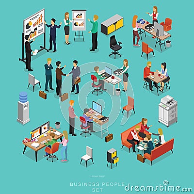 Set Of Isometric Business People Teamwork Meeting In Office Vector Illustration