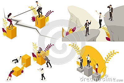 Set of Isometric business risk concepts, fall, competition, partner conflict, disagreements. For website and mobile application Vector Illustration