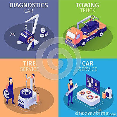 Set of Isometric Cards with Services in Car Garage Vector Illustration