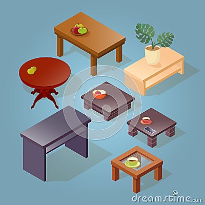 Set of the isometric cartoon table. Vector Illustration