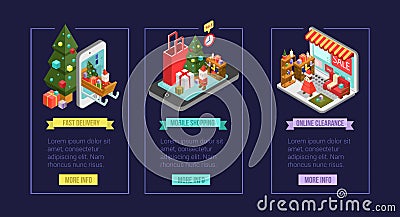 Set of isometric Christmas shopping icons. Internet shopping in Vector Illustration