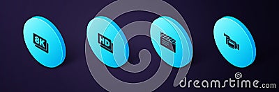 Set Isometric Cinema camera, Movie clapper, Hd movie, tape, frame and 8k Ultra HD icon. Vector Vector Illustration