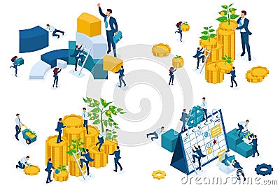 Set isometric concept Businessmen invest money, grow money, are engaged in planning and analysis. To create web applications Vector Illustration