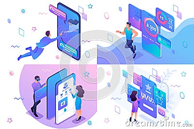 Set isometric concept of user interface development, testing and use by users. For website and mobile website development Vector Illustration