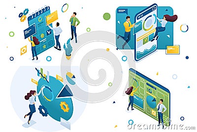 Set of isometric concepts business planning, data collection, create dashboard. For Concept for web design Vector Illustration