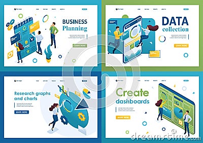 Set of isometric concepts.business planning, data collection, create dashboard. For Landing page concepts and web design Vector Illustration