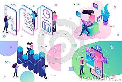 Set of isometric concepts social networks, data analysis, business analysis, data collection. For Concept for web design Vector Illustration