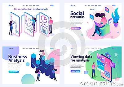 Set of isometric concepts.social networks, data analysis, business analysis, data collection. For Landing page concepts and web Stock Photo