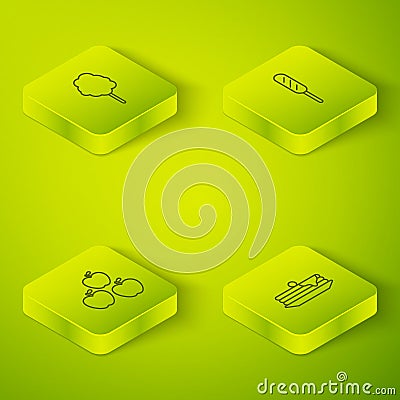 Set Isometric Corn dog, Apple, Stack of pancakes and Cotton candy icon. Vector Vector Illustration