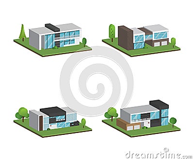 Set of isometric and 3D four houses and modern houses design. Vector Illustration