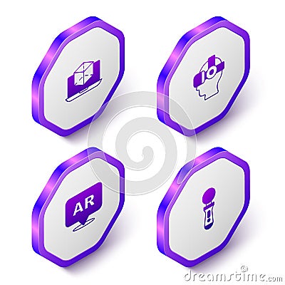 Set Isometric 3d modeling, Virtual reality glasses, Augmented AR and VR controller game icon. Purple hexagon button Vector Illustration