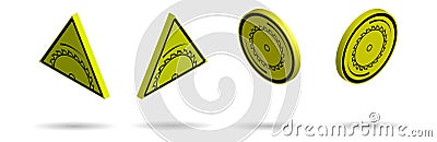 Set of isometric danger signs, circular saw blade on a yellow background. Work with a dangerous tool. Precautionary measures. Vector Illustration